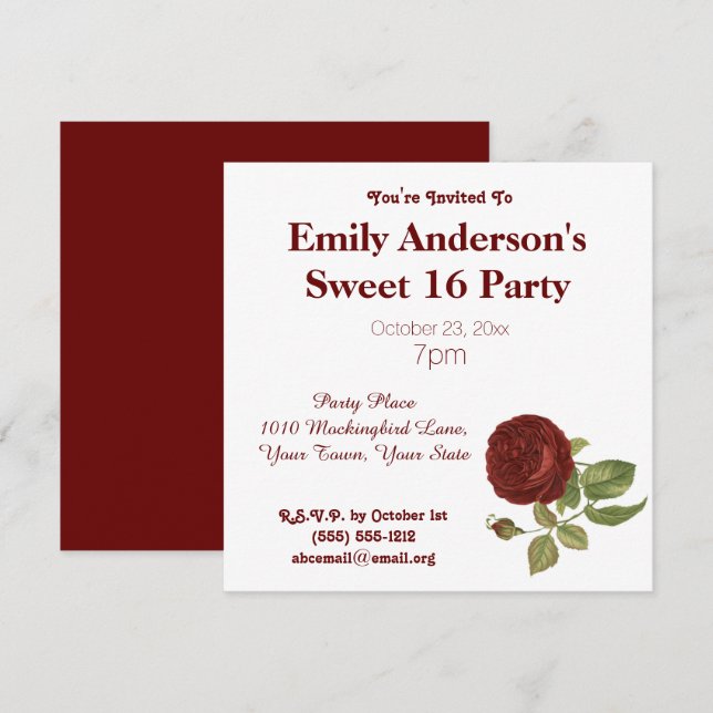 Simple Clean Red Rose Sweet 16 Birthday Invitation (Front/Back)