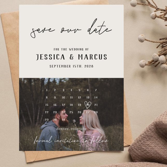Simple Clean Retro Calendar | Photo Wedding  Save The Date (Creator Uploaded)