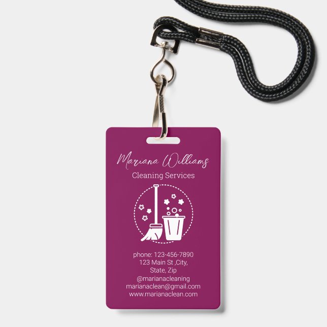  simple cleaning services logo black chic red ID badge (Front with Lanyard)