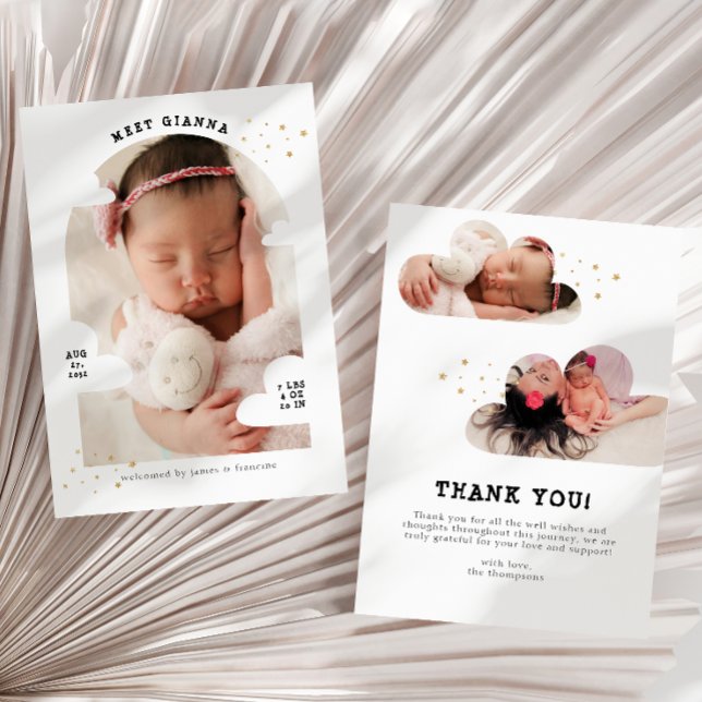 Simple Cloud Arch Photo Collage Thank You Birth Announcement (Creator Uploaded)
