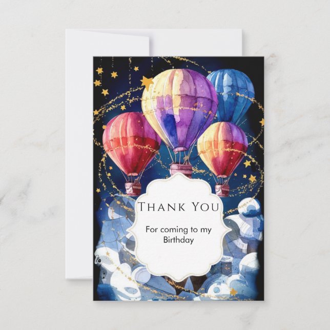 Simple Clouds Hot Air Balloon Birthday Thank You Card (Front)