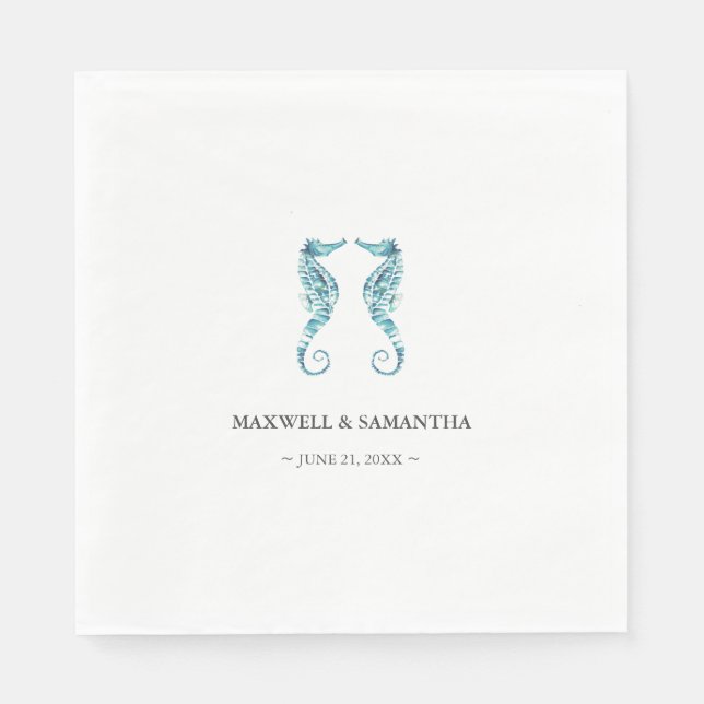 Simple Coastal Beach Personalised Seahorses Napkin (Front)