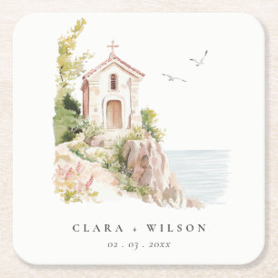 Simple Coastal Catholic Watercolor Church Wedding Square Paper Coaster