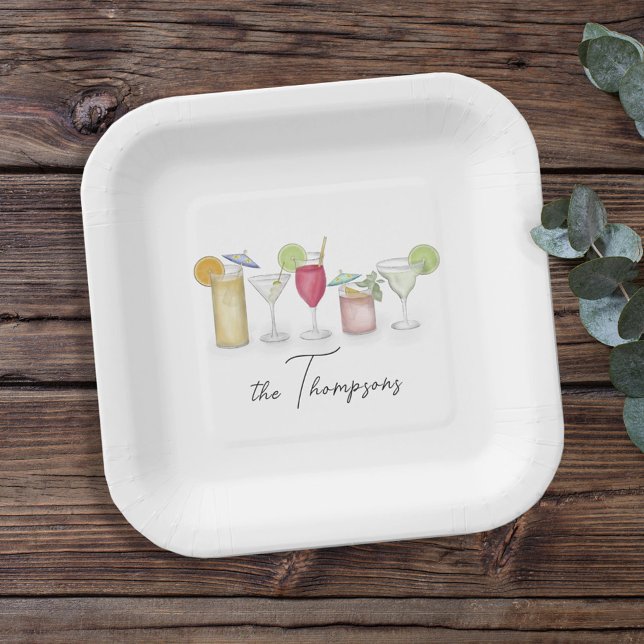 Simple Cocktail Drinks Watercolor Whimsical Custom Paper Plate (Creator Uploaded)