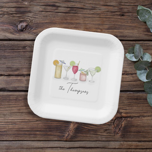 Simple Cocktail Drinks Watercolor Whimsical Custom Paper Plate (Creator Uploaded)