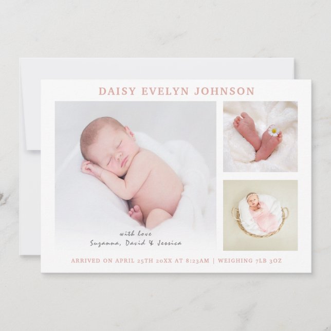 Simple Collage | Baby Girl Soft Pink Photo Birth Announcement (Front)