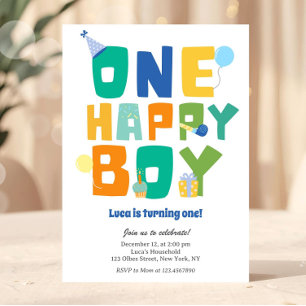 Simple Colorful One Happy Boy 1st Birthday Party  Invitation