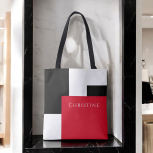 Simple Colour Block Red White and Black with Name Tote Bag