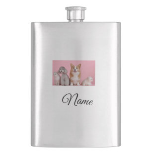 Simple colourful animal add name photo custom hip flask
