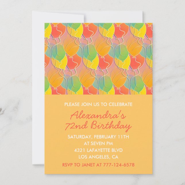 Simple Colourful Balloons 72nd birthday Invitation (Front)