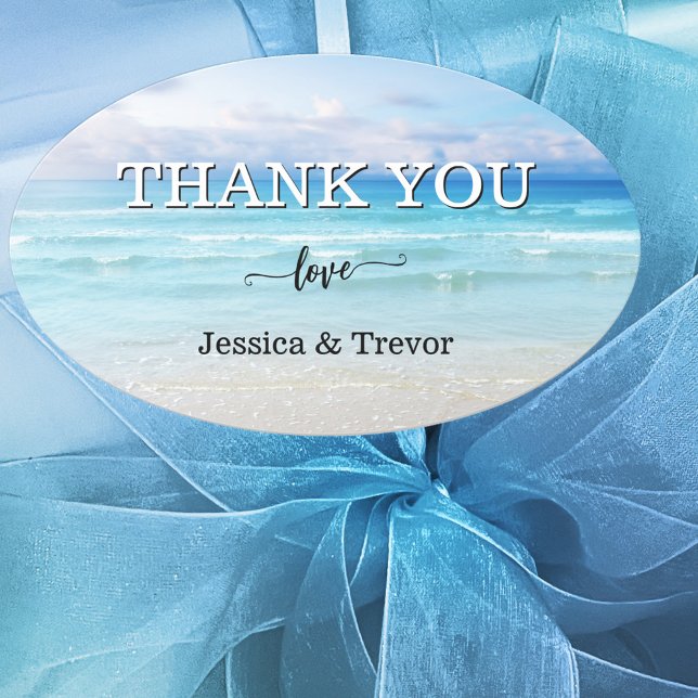 Simple Colourful Beach Wedding Thank You  Oval Sticker (Oval beach or destination wedding favor sticker featuring a simple colorful beach)