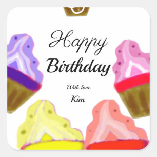 simple colourful cupcakes cake happy birthday  square sticker