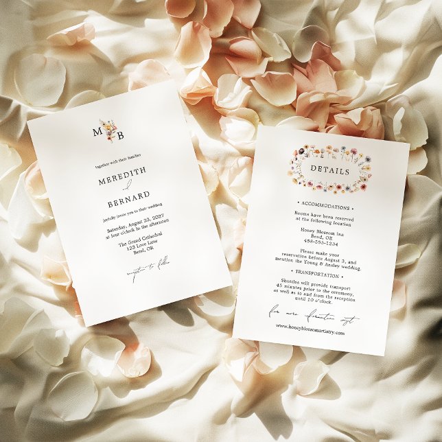 Simple Colourful Floral Wedding Monogram Details Invitation (Creator Uploaded)