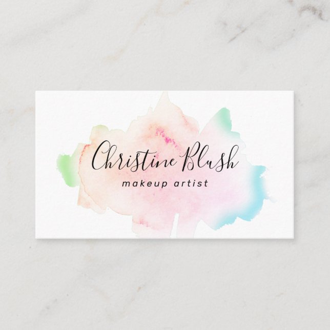 Simple Colourful Pastel Watercolour Splash MUA Business Card (Front)