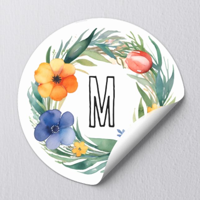 Simple Colourful Watercolor Floral Wreath Monogram Classic Round Sticker (Creator Uploaded)