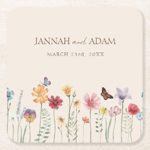 Simple Colourful Wildflower Floral Wedding Square Paper Coaster