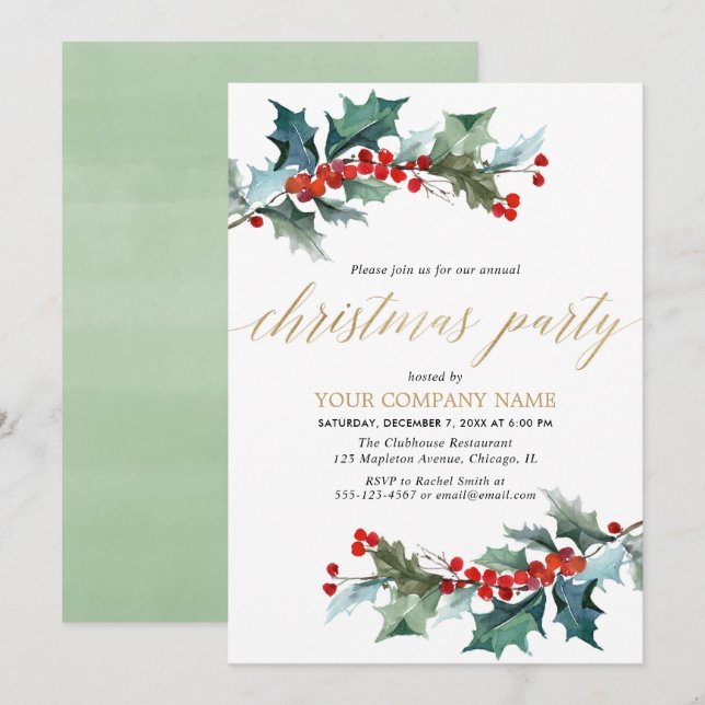 Simple company Christmas party greenery red gold Invitation (Front/Back)