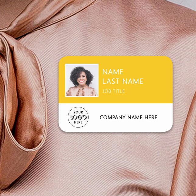 Simple Company Logo Yellow Employee Photo Name Tag (Creator Uploaded)