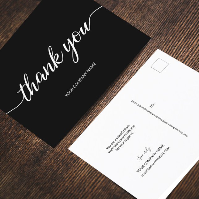Simple Company Name black and white Script Postcard (Black white, simple, modern script thank you from business to customers.)