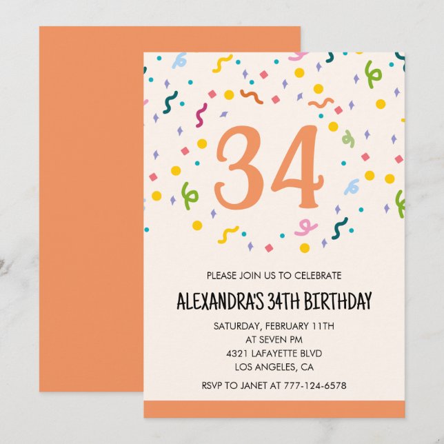Simple Confetti  34th birthday invitations Modern (Front/Back)