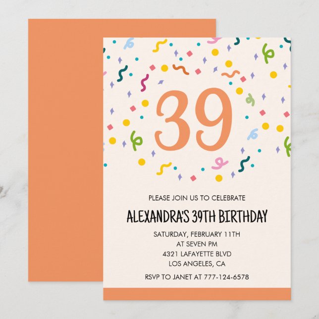 Simple Confetti 39th birthday invitations Modern (Front/Back)