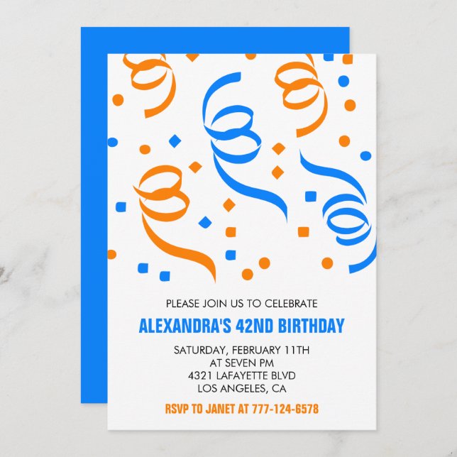 Simple Confetti 42nd birthday invitations  Blue (Front/Back)