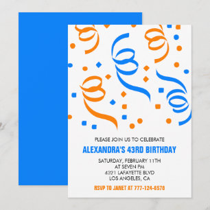 Simple Confetti 43rd birthday invitations  Blue