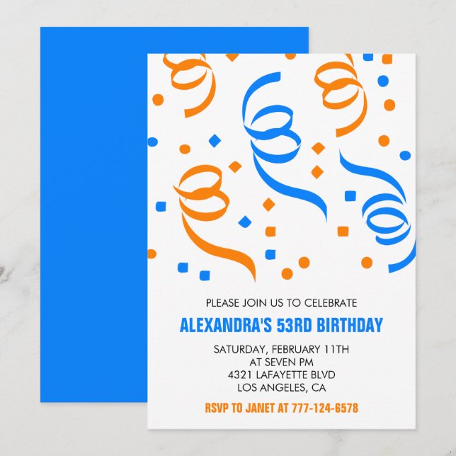 Simple Confetti 53rd birthday invitations  Blue (Front/Back)