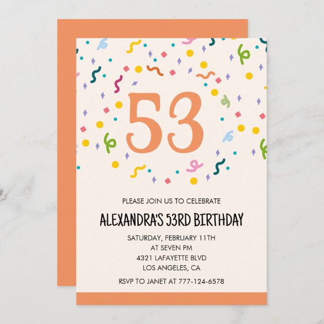 Simple Confetti 53rd birthday invitations Modern (Front/Back)