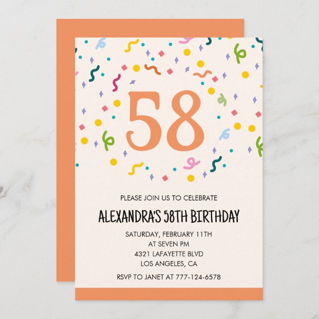 Simple Confetti 58th birthday invitations Modern (Front/Back)