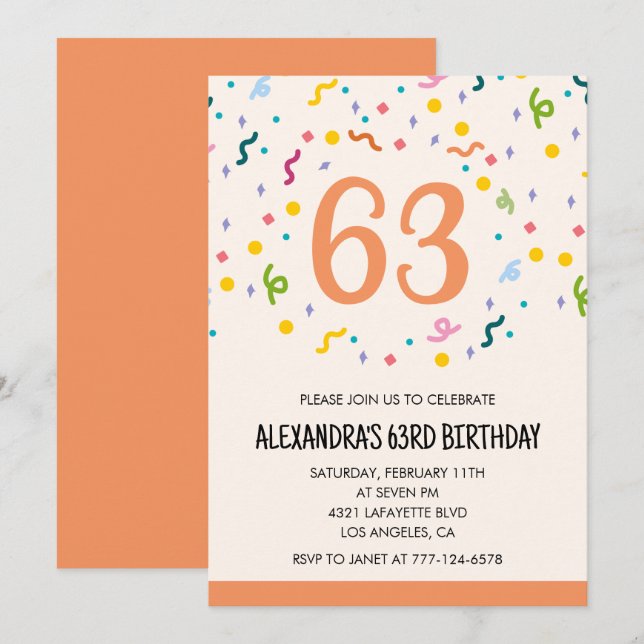 Simple Confetti 63rd birthday invitations Modern (Front/Back)