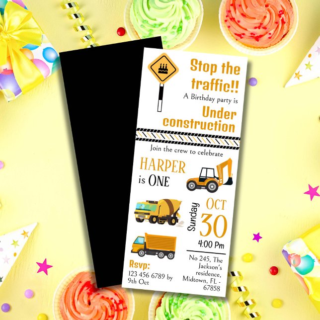 Simple construction truck kids cute 1st birthday  invitation (Creator Uploaded)