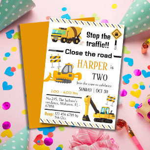 Simple construction truck kids cute 2nd birthday invitation