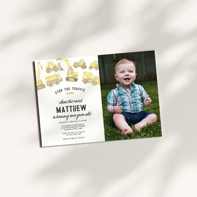 Simple Construction Truck Photo First Birthday Invitation (Creator Uploaded)