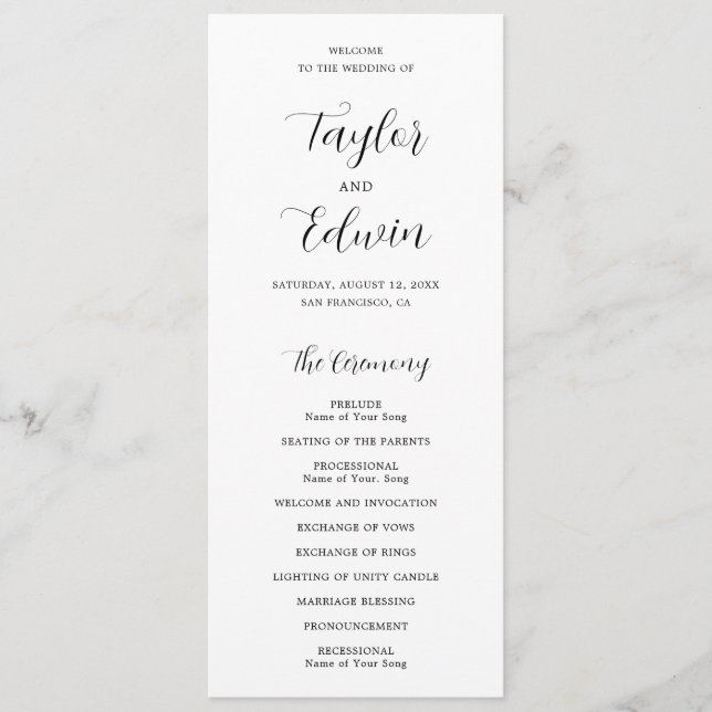 Simple Contemporary Black and White Modern Wedding Programme (Front)