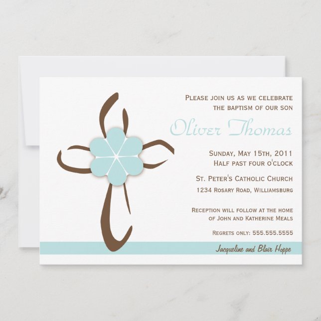 Simple Contemporary Cross with Blue Flower Invitation (Front)