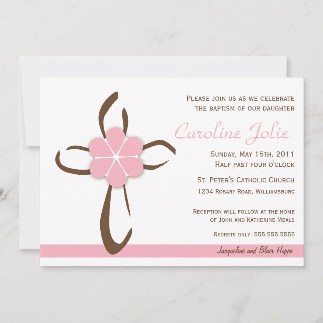 Simple Contemporary Cross with Pink Flower Invitation (Front)