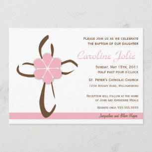 Simple Contemporary Cross with Pink Flower Invitation