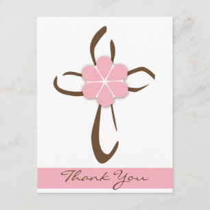 Simple Contemporary Cross with Pink Flower Note Thank You Card