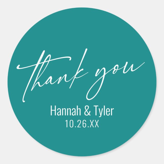 Simple Contemporary Handwriting Teal Thank You Classic Round Sticker (Front)