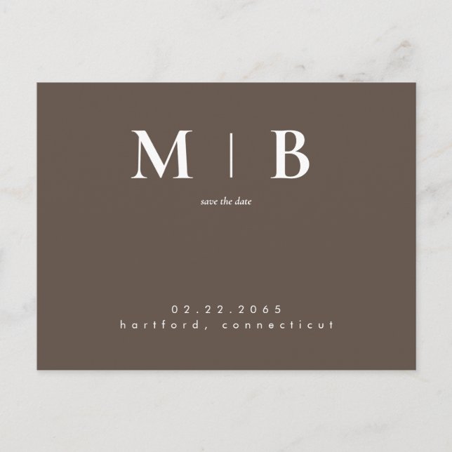 Simple Contemporary Sleek Monogram Brown Save Date Postcard (Front)