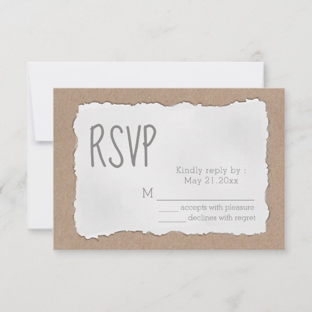 Simple contemporary torn paper cardboard RSVP card (Front)
