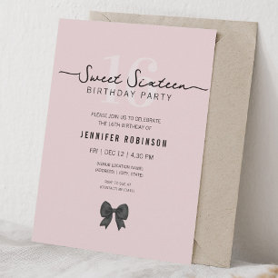 Simple Coquette Bow Sweet 16 Sixteen Blush Pink Invitation