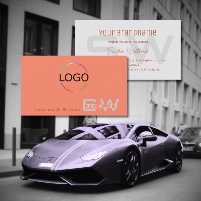 Simple Coral Light Grey with Monogram and Logo Business Card (Creator Uploaded)