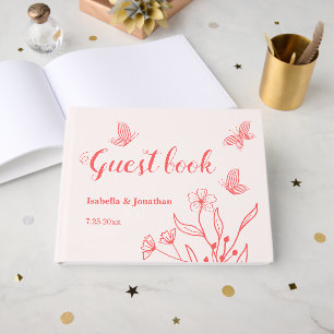 simple coral pink botanical wedding guest book