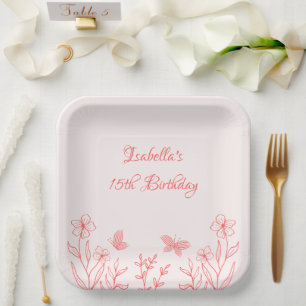simple coral pink botanical wedding paper plate