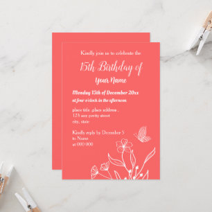 Simple coral pink floral birthday invitation