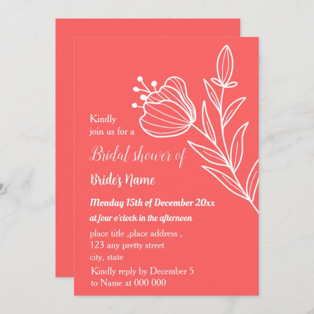 Simple coral pink floral bridal shower invitation (Front/Back)