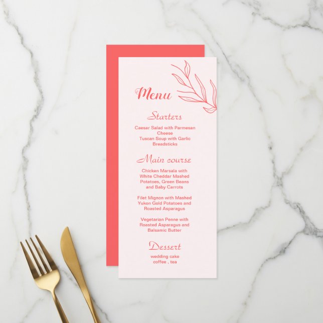 Simple coral pink floral wedding menu (Front/Back In Situ)