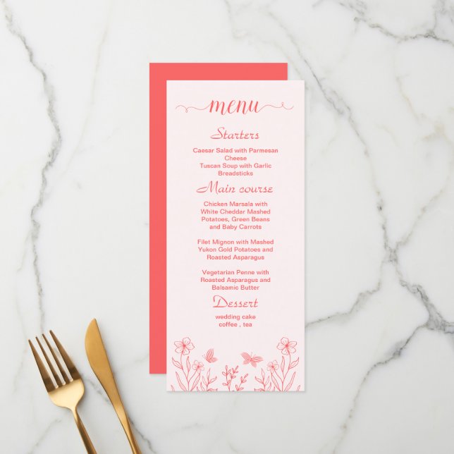 Simple coral pink floral wedding menu (Front/Back In Situ)